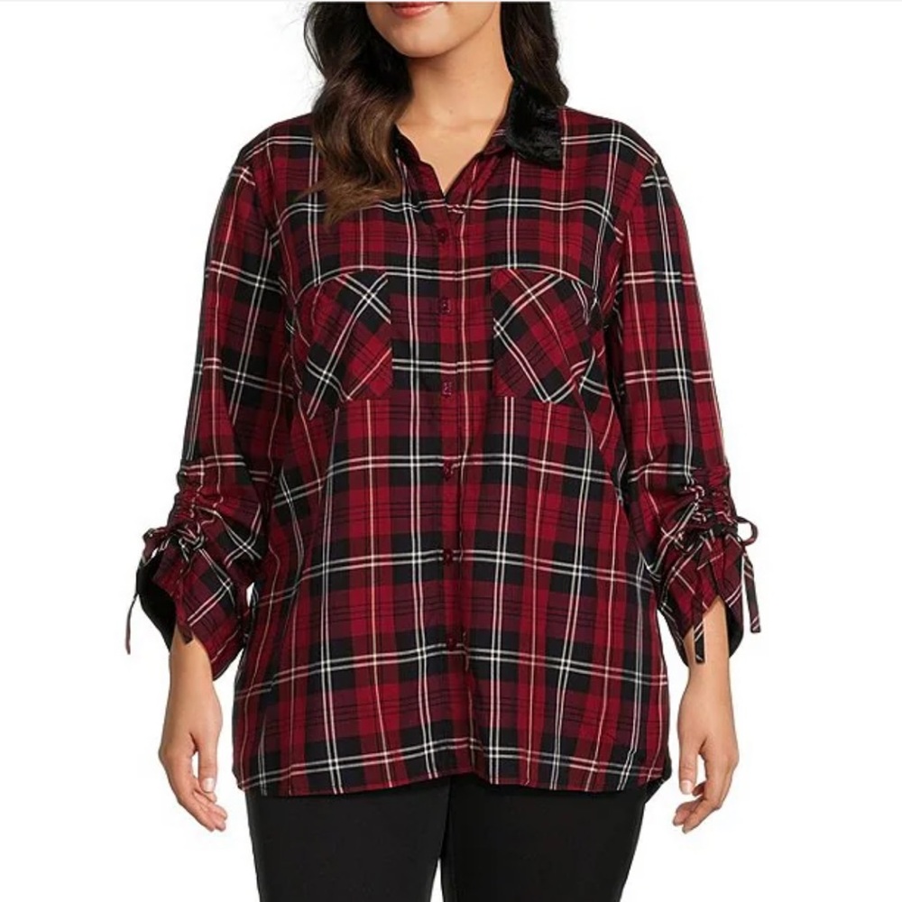 John Mark Plaid Velvet Point Collar 3/4 Cinched Tie Sleeve Button Front Tunic